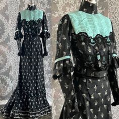 "This early Edwardian 2-piece dress combines a black silk floral print with a striking robin-egg-blue silk yoke. The lightweight silk has a print of tiny white and blue irises on green stems over small white lines that look like water riffles. At the lower edge of the yoke and also about 4\" below it, as well as at the over-sleeves is a beautiful black lace outlined with gimp that is appliquéd over the aqua [aka robin-egg-blue, but much shorter to type] silk. This black lace has a large floral d Iris Print, Robin Egg Blue, Bellingham Wa, Printed Gowns, Robins Egg, Edwardian Era, Robins Egg Blue, Blue Silk, Princess Seam