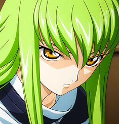 an anime character with green hair and yellow eyes