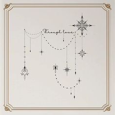 a christmas card with stars and snowflakes hanging from it's sides, on a white background