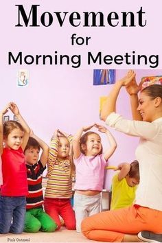 there is a woman teaching children how to do exercises on the floor with their hands