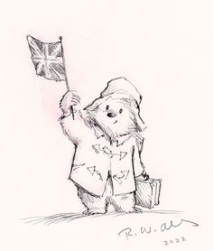 a drawing of a bear holding a flag