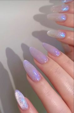 Almond Shape Sparkle Nails, Pretty Acrylic Nails Almond Shape, Short Almond Nails Designs Glitter, Hybrid Gel Nail Design, Pink Purple Iridescent Nails, June Inspired Nails, Unicorn Ombre Nails, Korean Iridescent Nails, Nude Lavender Nails