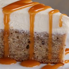 a piece of cake with caramel sauce drizzled on top