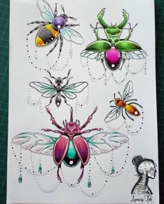 four different colored bugs on white paper with green and purple designs in the middle, one is