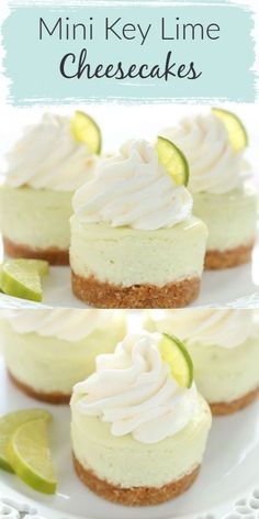 mini key lime cheesecakes on a white plate with lime slices around the edges