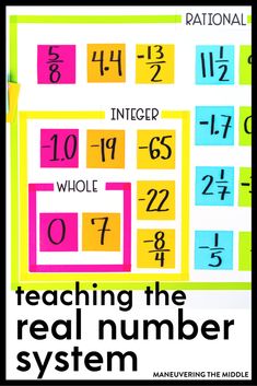 a poster with the words teaching the real number system written in multicolored paper