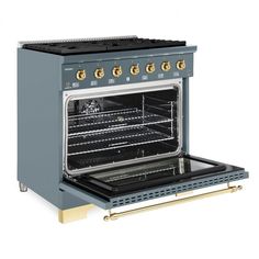 an oven with the door open and two burners on it's side, in front of a white background