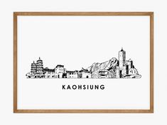 a black and white drawing of kaohsung in the middle of a wooden frame