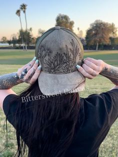 These are hand burned trucker hats, slight curved bill.  sealed to protect from weather, I advise hand wash only to ensure a long life. They're adjustable SnapBack and work fo a 17-22" head size. One of a kind! Mesh back*most hats are made to order and will differ slightly from listing photo Cactus Hat, Hat Burning, Hiking Hat, Painted Hats, Hand Burn, Hat Custom, Desert Cactus, Felt Hat, Phoenix Az