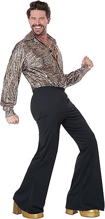 a man in a disco outfit with his arms out and legs spread wide, standing on one leg