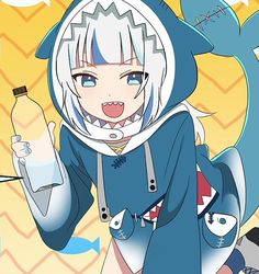 an anime character is holding a bottle and smiling