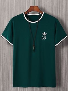 Dark Green Casual Collar Short Sleeve Fabric Letter  Embellished Slight Stretch Summer Men Tops Minimal Shirt Design, Boys Tshirt, Latest T Shirt, Men Tops