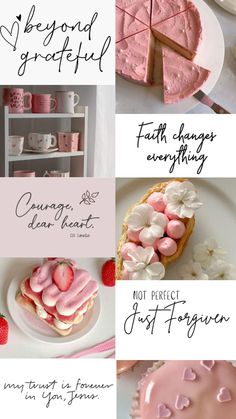 four different types of cakes and pastries on plates with words written in cursive writing