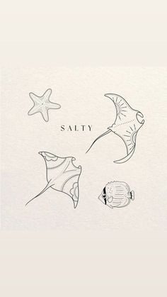 an image of various sea animals and starfishs on white paper with the words salty above them