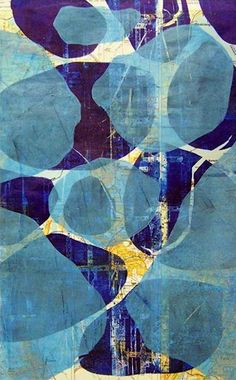 an abstract painting with blue and purple shapes on it's surface, including circles