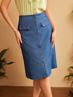 Blue Elegant Collar  Woven Fabric Plain Straight Embellished Medium Stretch  Women Clothing Dress Types, Denim Button Skirt, Womens Denim Skirts, Skirt With Buttons, Button Skirt, Printed Sleeveless Top, Elegant Dresses Long, Women Midi, Vintage Casual