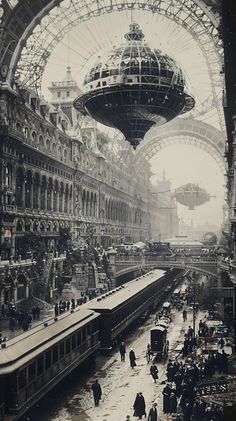 an old photo of a train station with people walking around and looking at the trains