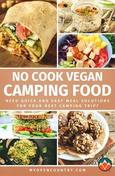 the cover of no cook vegan camping food, with pictures of different foods and vegetables