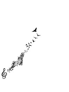 a musical note with birds flying in the sky and music notes coming out of it