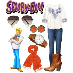 a woman in white shirt and blue jeans standing next to items from the movie scooby - do