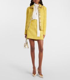 Embellished tweed jacket in yellow - Valentino | Mytheresa Grunge Fashion Outfits, Green Tweed, Metallic Skirt, Tweed Skirt, Tweed Fabric, Color Inspo, Denim Midi Skirt, Green Skirt, Grunge Fashion