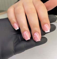 pink and white manicured nails with flower details. perfect nails for spring, spring nails trend, spring nails inspo, march nails ideas, spring nails idea, march nails trend, Simple Nail Designs French Tip Square, Best French Tip Nail Designs, Square Holiday Nails Summer, Summer Nails French Tip Square, Classy Biab Nails, Short Square Nail Ideas Summer, Nail Biab Ideas, Summer Holiday Nail Ideas, Summer Acrylic Nails French