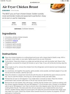 the recipe for air fryer chicken breast is shown in this screenshote image