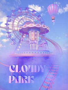 an amusement park with a ferris wheel and clouds in the background that says cloudy parks