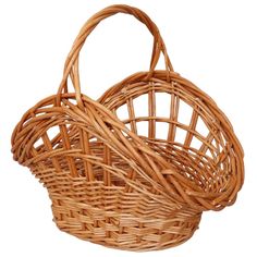 two wicker baskets sitting next to each other on a white background, one is empty