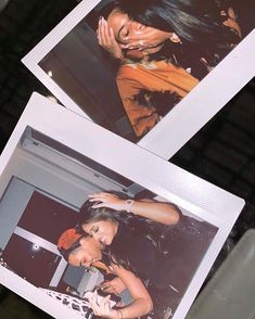 two polaroid photos of women standing next to each other