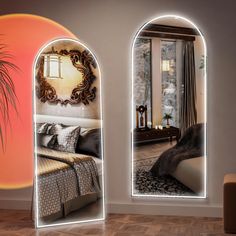 an image of a bedroom setting with mirrors