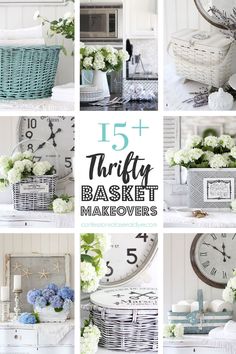 a collage of photos with white flowers and blue accents in baskets on the table