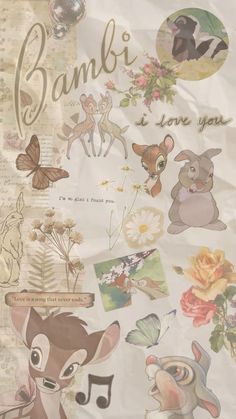 an image of various animals and flowers on a piece of paper that says, bambi i love you