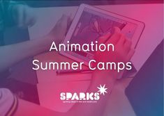 two people using an ipad while sitting in front of a pink and blue background with the words animation summer camps