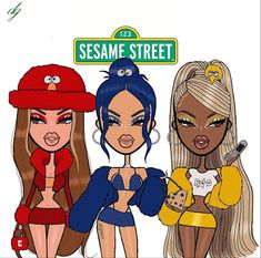 three cartoon dolls are standing next to each other in front of the sesame street sign