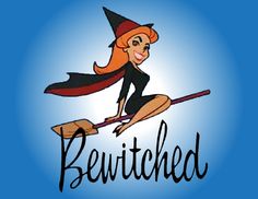 a cartoon witch flying on a broom with the word bewitched