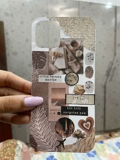 a person holding up a cell phone case with different pictures and words on the back