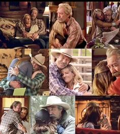 many different pictures of the same man and woman in cowboy hats, hugging each other