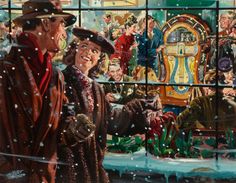 a painting of two people standing in front of a carnival ride with snow falling on them