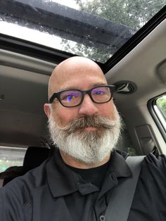 Bald With Grey Beard, Bald Men Mustache, Bald Beard Glasses, Bald Moustache, Beard Rules, Car Selfies, Bald Men Memes