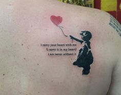 a person with a heart shaped balloon tattoo on their upper back shoulder and arm, which reads i carry your heart with me