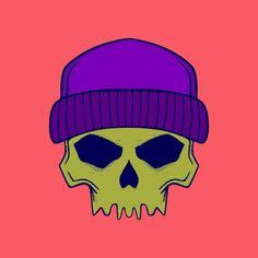 a drawing of a skull wearing a purple beanie on a pink and red background