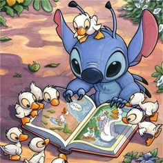 an image of a cartoon character reading a book with ducks around him and ducklings surrounding it