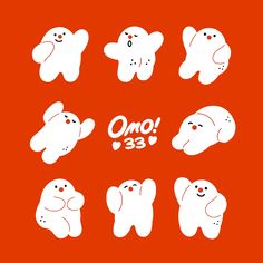 there are nine white bears that say omo 33 and the third one has an orange background