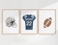 three framed sports art prints featuring football, jersey and helmet on white wall with wooden frame