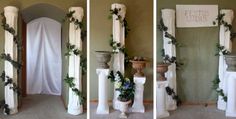 three pictures of white pillars decorated with greenery