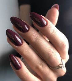 Round Autumn Nails, Mulberry Nail Color, Red Plum Nails, Light Maroon Nails, Mulled Wine Nails, Burgundy Nails Almond, Mahogany Nails, Autumn Nails Almond, Merlot Nails