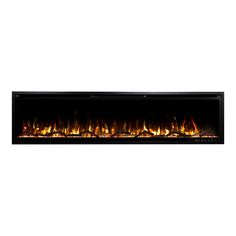 an electric fireplace with bright flames on the side and black frame, in front of a white background