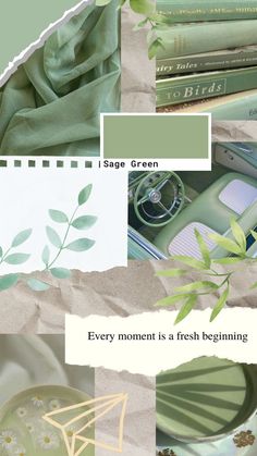 a collage of green and white images with text that reads every moment is a fresh beginning