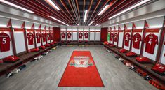 the dressing room at liverpool's new stadium has been decorated with red and white jerseys